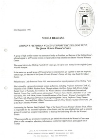 Media Release, Eminent Victorian Women Support the Shilling Fund, 23 September 1996