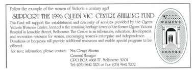 Envelope and flyer, Support the 1996 Queen Vic. Centre Shilling Fund, c. 1996