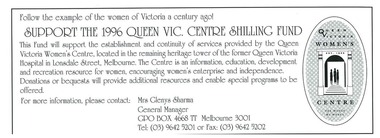 Envelope and flyer, Support the 1996 Queen Vic. Centre Shilling Fund, c. 1996