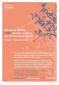 Pamphlet, Women & Money FREE seminar series at the QV Women's Centre, c. 2009