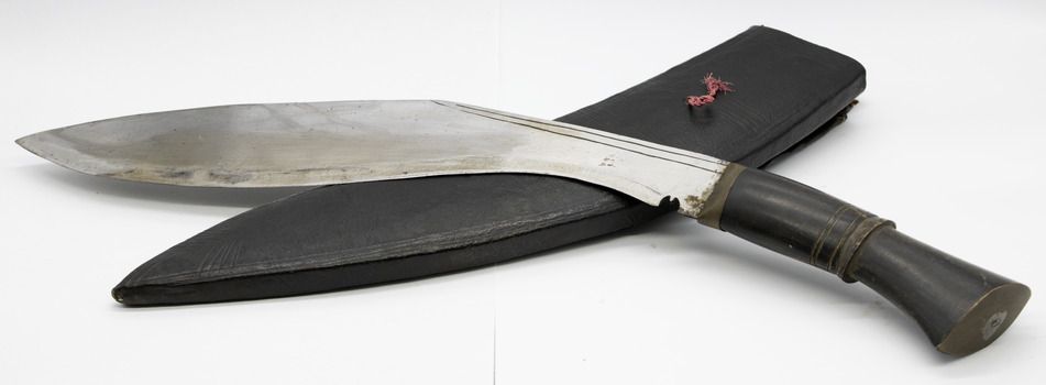 Brass handled, silver blade machette, unsheathed propped across the top of  leather scabbard. On white background