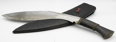 Brass handled, silver blade machette, unsheathed propped across the top of  leather scabbard. On white background