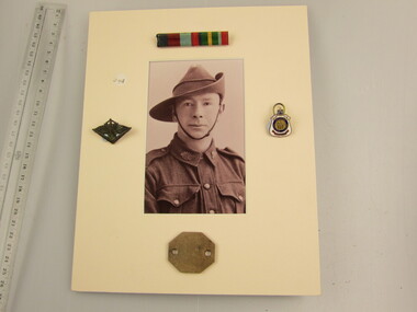 Photograph - Framed (cardboard) with badges, dog tag & ribbon bar