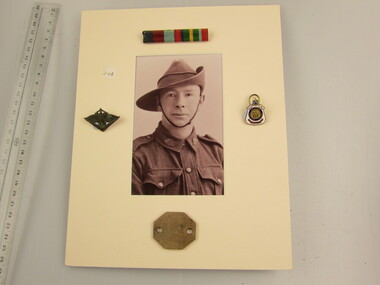 Photograph - Framed (cardboard) with badges, dog tag & ribbon bar