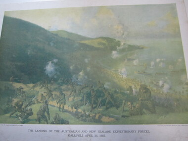 Picture - on cardboard "The Landing of the Australian and New Zealand Expeditionary Forces, Gallipoli, April 25, 1915."