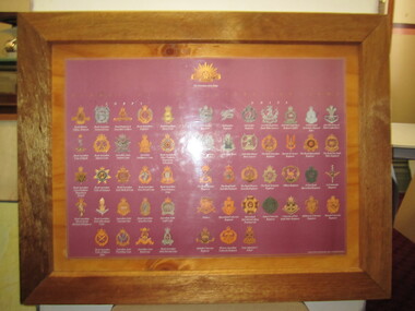 Poster - "Badges of the Australian Army" laminated & mounted on wooden-backed frame
