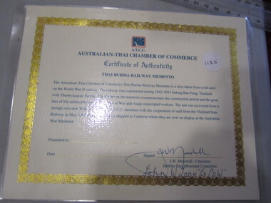 Certificate - Authenticity Thai-Burma Railway Memento