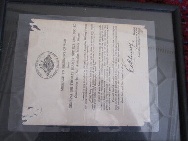 Letter - Framed "Message to Prisoners of War"