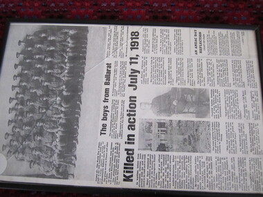 Newspaper article - framed "The boys from Ballarat" & "Killed in action July 11, 1918