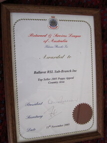 Certificate - Framed "Top Seller 2005 Poppy Appeal Country Area"