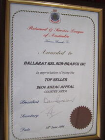 Certificate - Framed "Top Seller 2004 ANZAC Appeal Country Area"