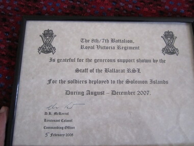 Certificate of Thanks - Framed 8/7 Battalion RVR Solomon Islands deployment Aug-Dec 2007