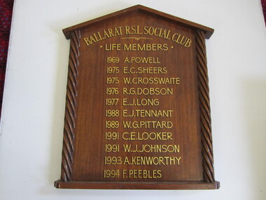 Honour Board - Ballarat RSL Social Club Life Members 1969-1994