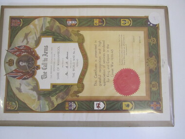Certificate - "The Call to Arms" Shire of Warrnambool