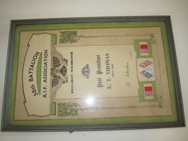 Certificate - Framed 58th Battalion AIF Assoc