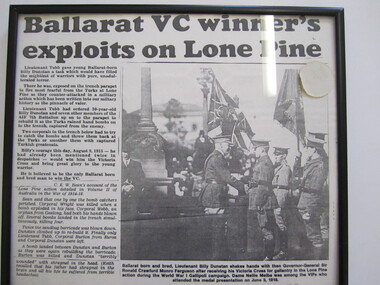 Newspaper Article - Framed "Ballarat VC winner's expoits on Lone Pine"
