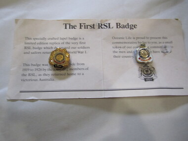 Badge - "The First RSL Badge - The Returned & Servies League Commemorative Lapel Badge Circa 1919-1926" in cover