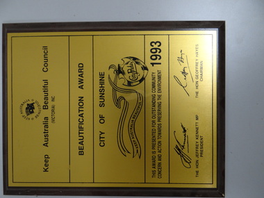 Plaque - Plaque, framed, Plaque - Beautification Award 1993, 1993