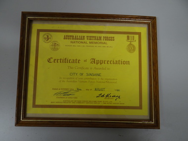Framed Certificate, Australian Vietnam Forces, 1990