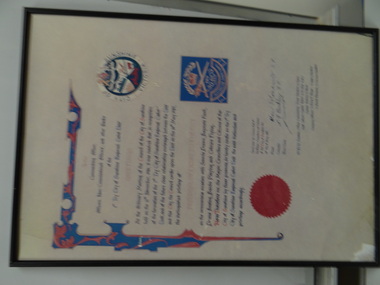 Framed Certificate, Freedom of Entry to the City of Sunshine to Australian Cadet Corps