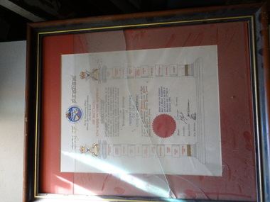 Framed Ceritificate, Freedom of Entry to the City of Sunshine