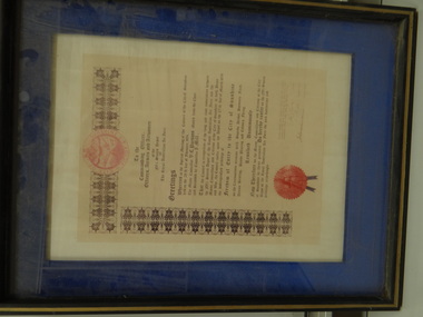 Framed Cetrtificate, Freedom of Entry to the City of Sunshine, 1974