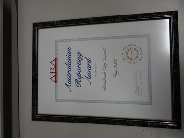 Framed Award Certificate, Australasian Reporting Award May 2004, 2004