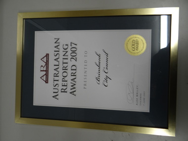 Framed Award Certificate, Australasian Reporting Award 2007, 2007