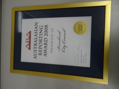 Framed Award Certificate, Australasian Reporting Award 2008, 2008