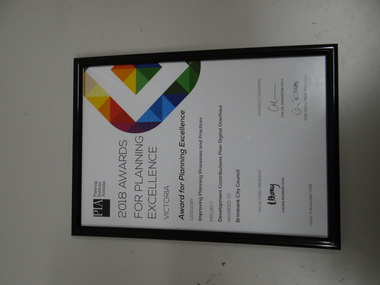 Framed Awards Certificate, 2018 Awards for Planning Excellence, 2018