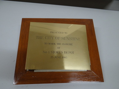 Metal Plaque, No 1 Stores Depot, 1993