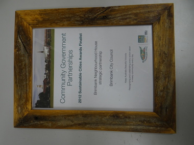 Framed Award Certificate, Community Government Partnerships, 2012