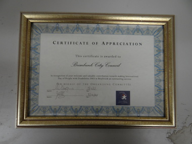 Framed Award Certificate, Brimbank city council
