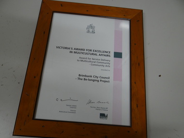 Framed Award Certificate, Victoria's Award for Excellence in Multicultural Affairs