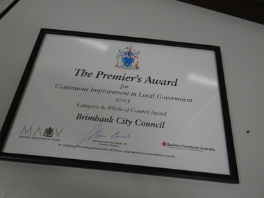 Framed Award Certificate, Premier's Award for continuous improvement 2003, 2003