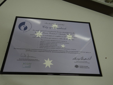 Framed Award Certificate, Cities for Climate Protection