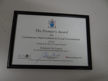 Framed Award Certificate, Premier's Award, 2003