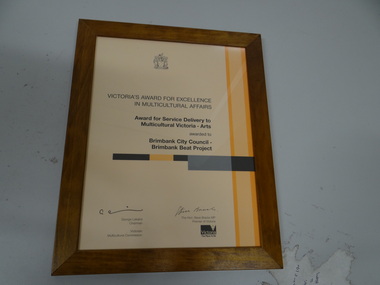 Award - Award certificate, framed, Certificate - Excellence In Multicultural Affairs, Circa 1999 - 2007
