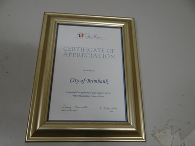 Framed Award Certificate, Peter McCallum Cancer Centre