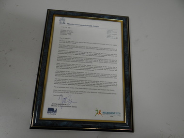 Framed Letter, Ministerial Letter, 2006
