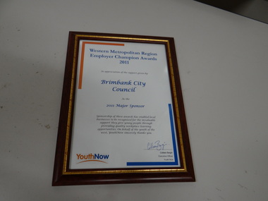 Framed Award Certificate, Western Metropolitan Region Employer Awards 2011, 2011
