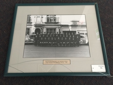 Photograph, framed, Superintendent Fred Raven and ambulance drivers of the Victorian Civil Ambulance Service - 1945