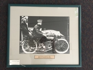Photograph, framed, Harley-Davidson motor cycle - circa 1920. Patients were transported in the side car