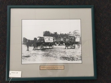 Photograph, framed, The first two horse-drawn St John Ambulance wagons near Studley Park, Kew - 1899