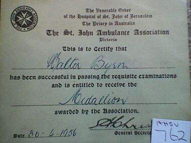 Certificate St John Ambulance Association Medallion, 30 April 1956