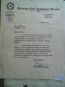 Letter, Victorian Civil Ambulance Service to Walter Byrne, 24 March 1969