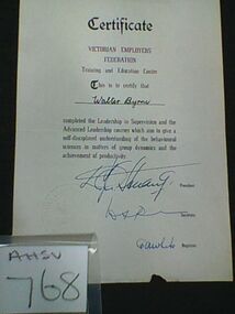 Certificate, Leadership in Supervision and Advanced Leadership Courses, Walter Byrne, Circa 1975 (guess)