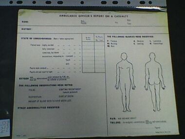 Form, Booklet, Ambulance Officer's Report on a Casualty