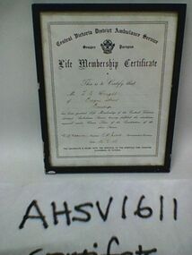 Certificate, Life Membership for T.N. Knight, Central Victoria District Ambulance Service Life Membership Certificate, 1958
