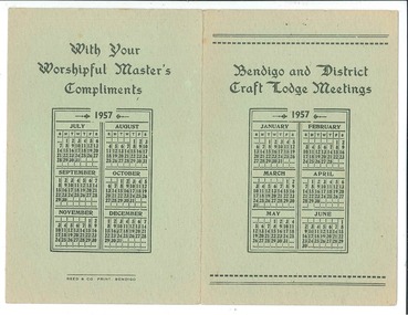 Meeting Card, Reed and Co. Print, 1957 Bendigo and District Craft Lodge Meetings, 1957